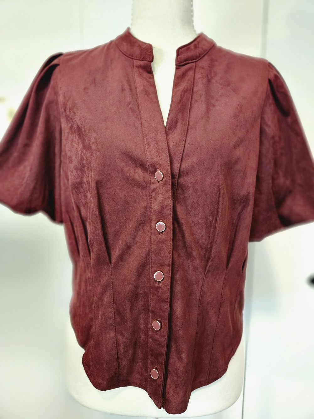 NWT Bagatelle Maroon Faux-ever Leather Short-Sleeve Button Front Top M